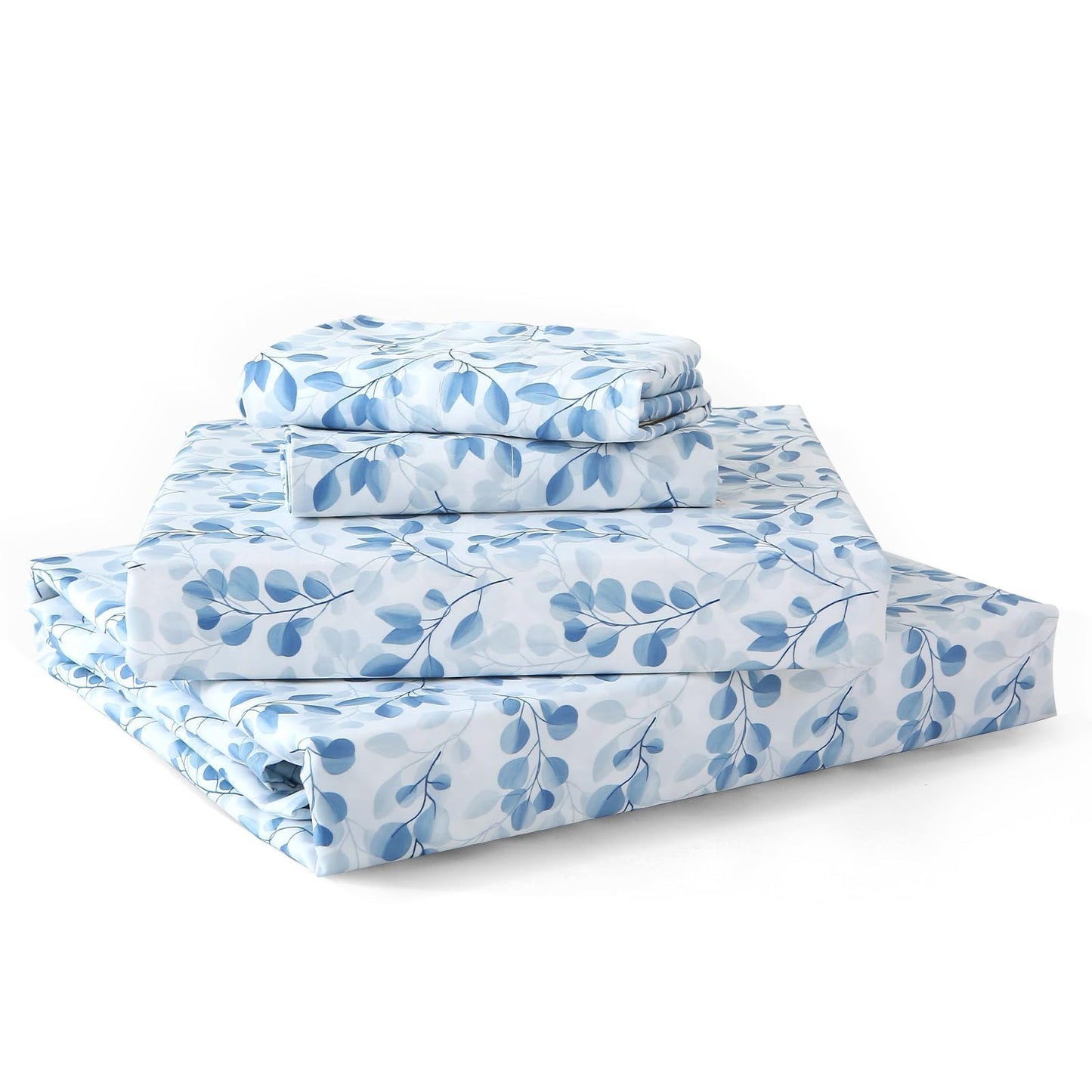 MUXHOMO King Size 4 Piece Sheet Set, Soft Breathable Bed Sheet Set for Bedroom with Deep Pocket Up to 16", Wrinkle-Free & Cooling Bedding for Oeko-TEX Certified - Blue Leaves