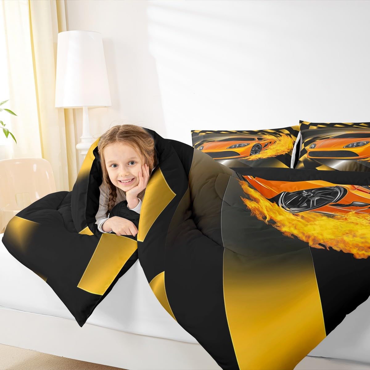 Erosebridal Boys Race Car Comforter Set, Cool Speed Sports Car Bedding Set Twin Size for Kids Teens Adult Men, Extreme Sport Quilted Duvet Automobile Checkered Duvet Sets for Bedroom