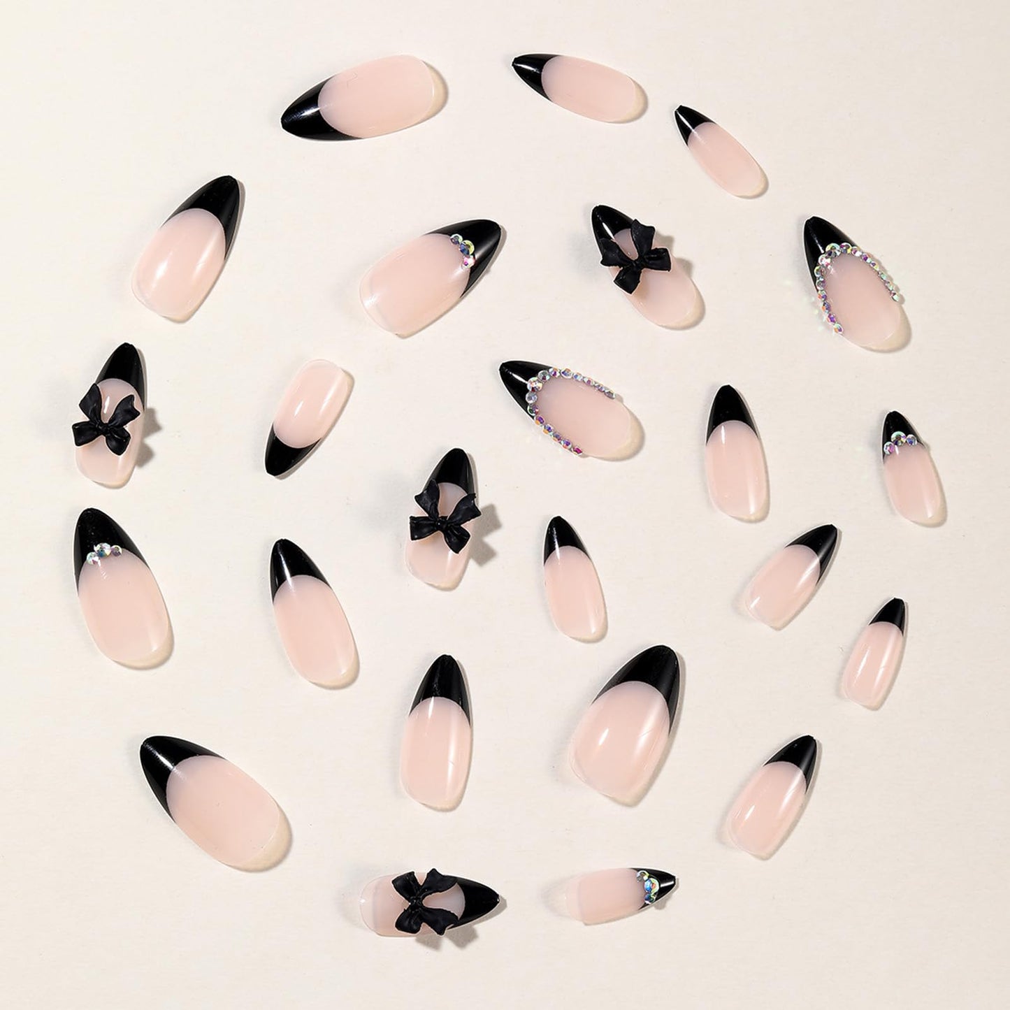 SINHOT Almond Press on Nails - Medium Fake Nails, Glossy Finish, 3D Black Bow & Rhinestones, DIY Artificial False Nail Art - 24 Pcs Nail Kit with Glue
