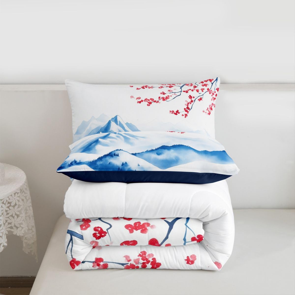 jejeloiu Japanese Wave Bedding Set Soft for Boys Girls, Cherry Blossom Comforter Set Queen Size Mountain Duvet Quilt Microfiber Japanese Style Bedroom Decor 3 Pcs with 2 Pillow Cases