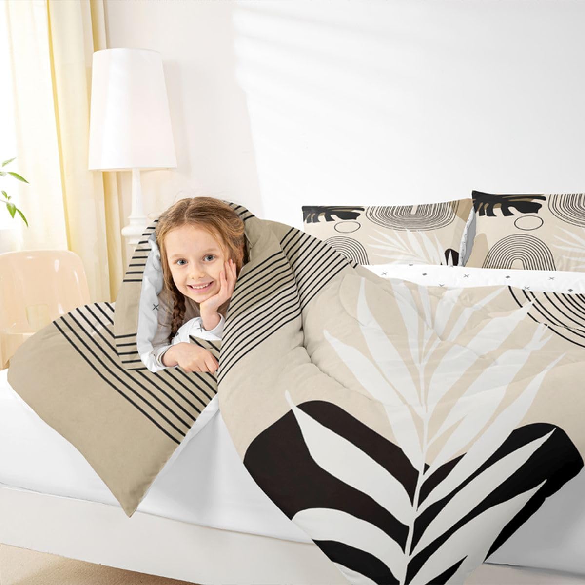 Erosebridal Boho Mid Century Twin Bedding Set, Modern Minimalist Comforter Set, Abstract Arch Geometric Comforter for Adults Teens Kids, Tropical Palm Leaf Aesthetic Quilt, Black Beige Brown