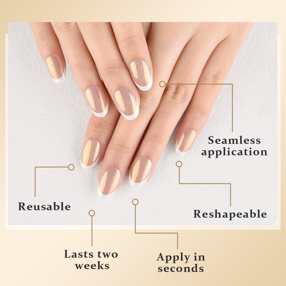 evpct French Tip Press On Nails Short Round Oval No Glue, Nude White Tips, Chrome Glazed Short Round Oval Fake False Press on Nails, Reusable Soft Stick on nail Press ons with Nail Kit, Salon-quality