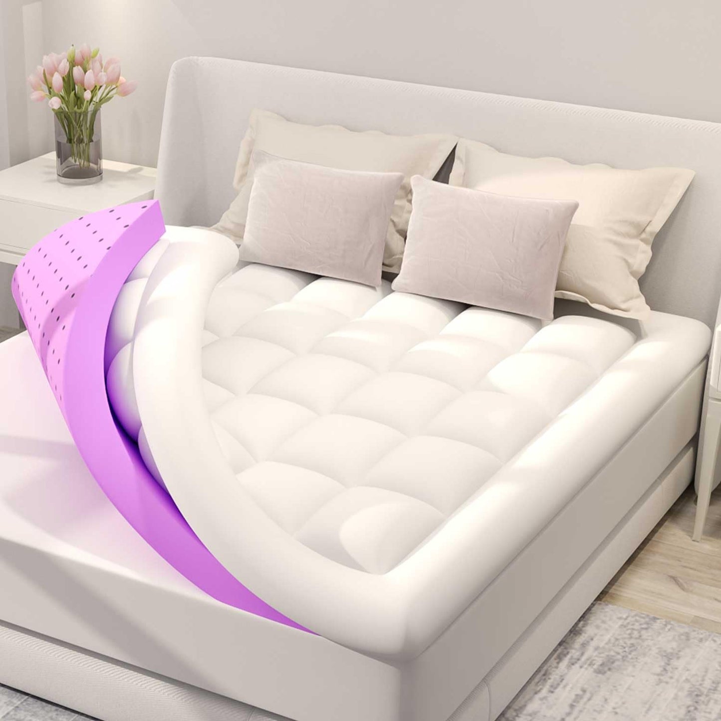 BDEUS Dual Layer 5 Inch Memory Foam Mattress Topper Queen Size, 2 Inch Gel Memory Foam Plus 3 Inch 1450 GSM Down Alternative Quilted Pillow Top Mattress Pad Cover,White