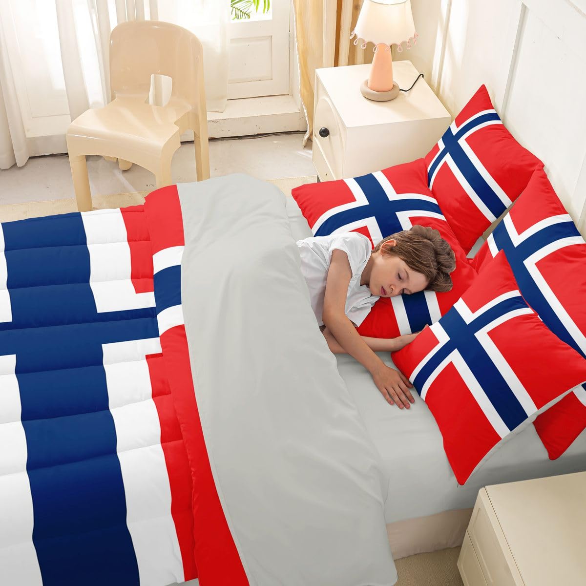 Feelyou Norwegian Flag Comforter Set with Sheets 7 Piece King Size Norway Bed in a Bag Kids Boys Girls International Flag Bedding Set Bedroom Decor Breathable Soft Lightweight Microfiber