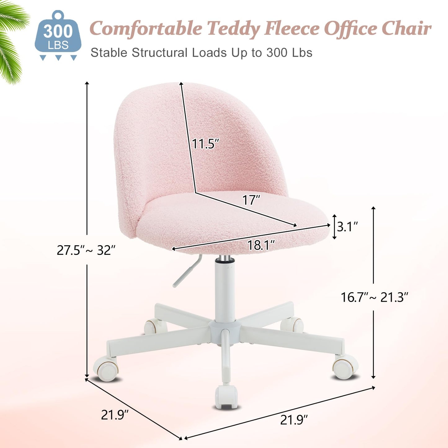 VINGLI Cute Candy Chair Armless Comfy Small Office Desk Vanity Chair with Wheels & Lumbar Support,Teddy Adjustable Rolling Swivel Computer Task Ch for Home Office,Bedroom,Gentle Pink