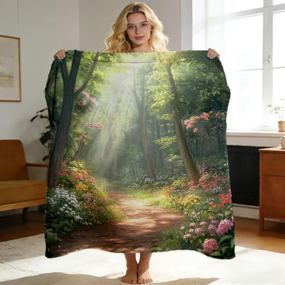 ZHOUSHUTONG Spring Landscape Flannel Throw Blanket, Soft Cozy Warm Blooming Flowers Print Plush Blankets for Couch Bed Sofa, Gift for Nature Lovers 49"x59"