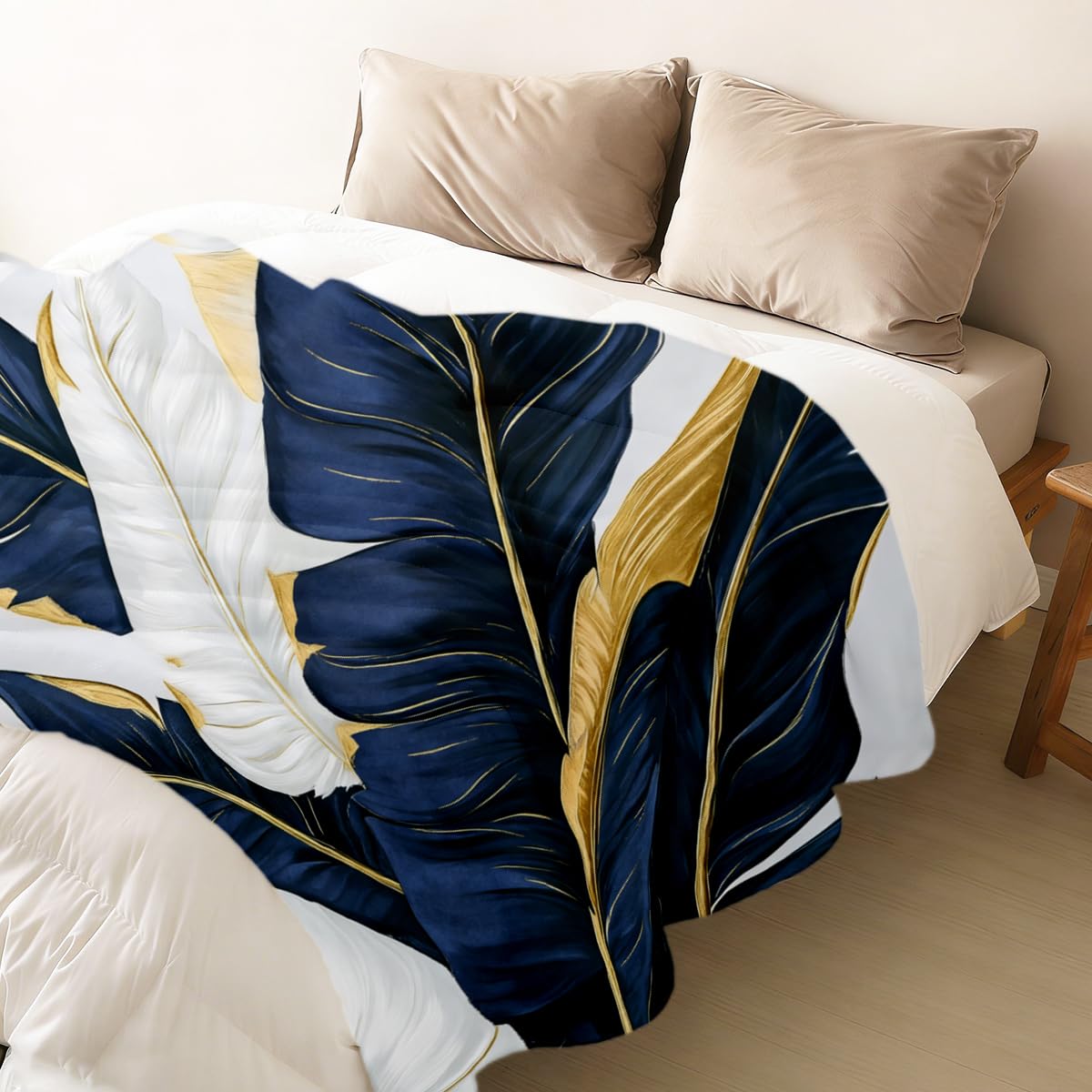 HUNXIAOJ Tropical Blankets and Throws Tropical Plant Blanket for Couch Bed Room Home Decor Tropic Leaf Throws Blue Gold Botanical Decor Flannel Gifts for Women Adults Kids 49"x59"