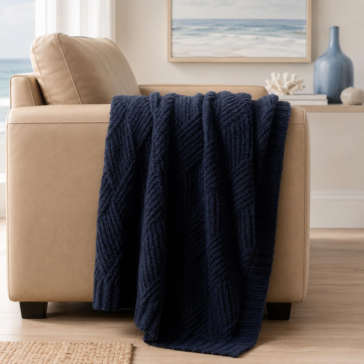 Battilo Navy Blue Chenille Throw Blanket for Couch, Soft Diamond Textured Knit Blanket, Cozy Lightweight Decorative Blankets for Sofa, 50"x60"