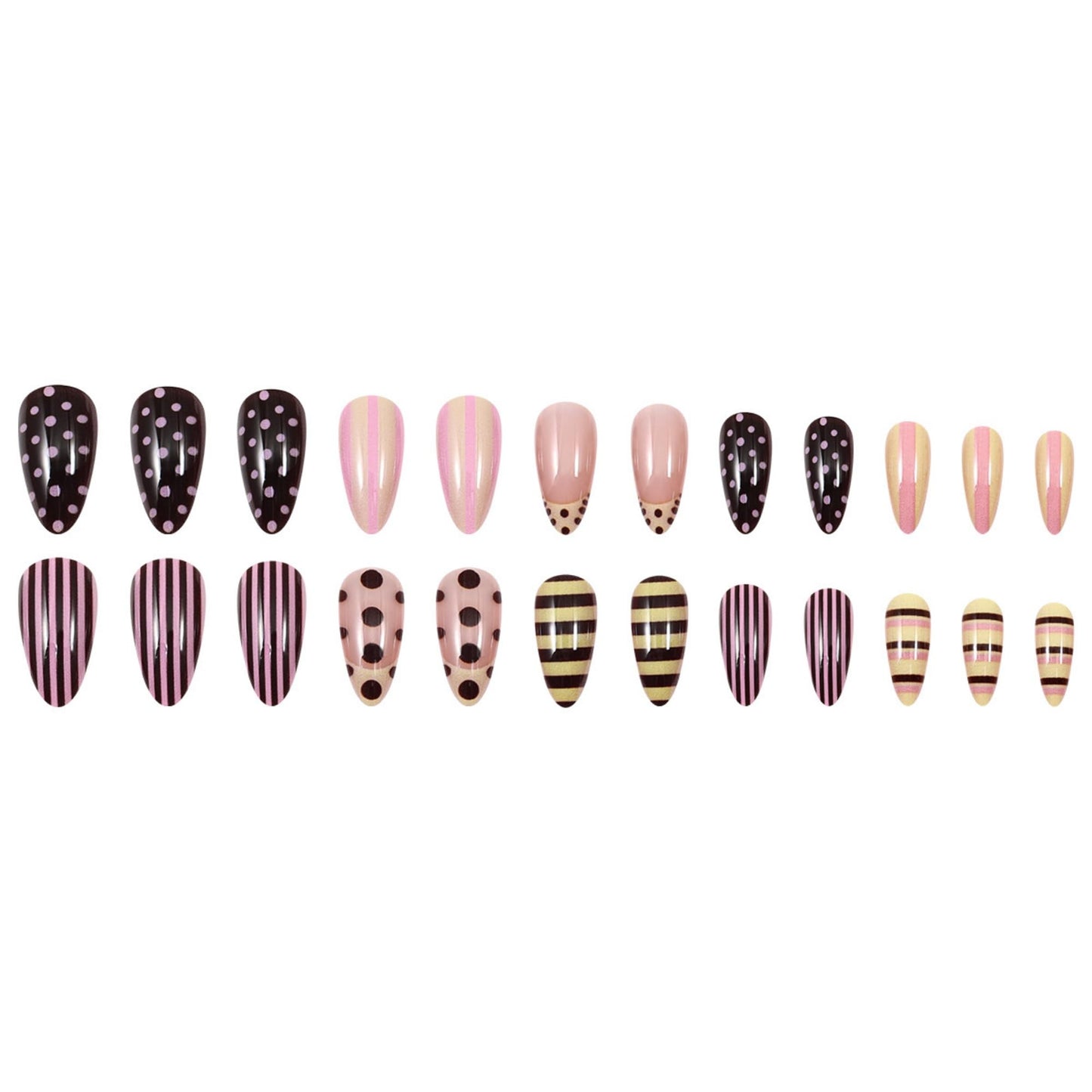 octoswave Long Almond Press on Nails Pink Striped and Brown Polka Dot Glossy False Nails for Women Girls Party Travel Fashion Fake Nails Art 24Pcs