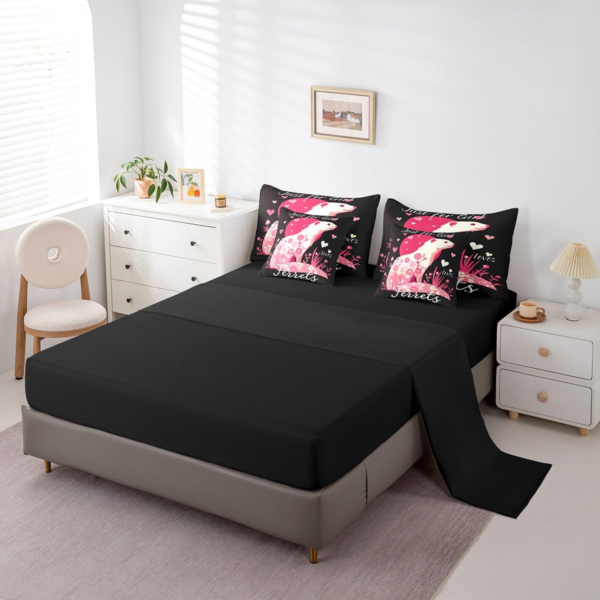 Erosebridal Ferret Comforter Set 7 Piece Bed in a Bag Twin,Abstract Flower Guinea Pig Bedding Sets Lovely Cavy Comforter and Sheet Set,Boho Floral Cute Animal Bed Set
