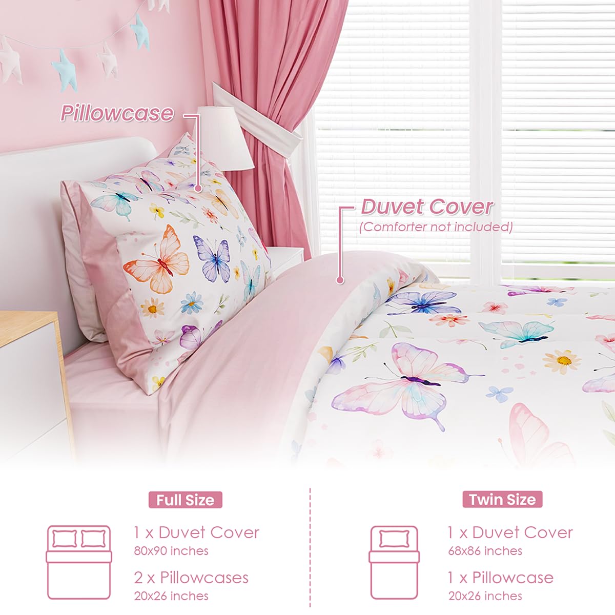 SANDJEST Butterfly Duvet Cover Sets Full Size for Kids Girls, Incude 1 Polyester Comforter Cover 80x90 Inches and 2 Pillowcases 20x26 Inches, Comforter Not Included, Gift for Christmas Birthday