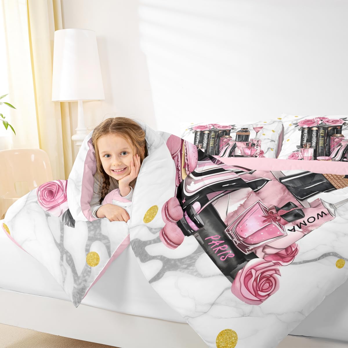 Erosebridal Fashion Black Pink Comforter King Size Flower Perfume Girls Women Modern Bedding Set High Heels Books Champagne Quilt Romantic Makeup Paris Bed Sets