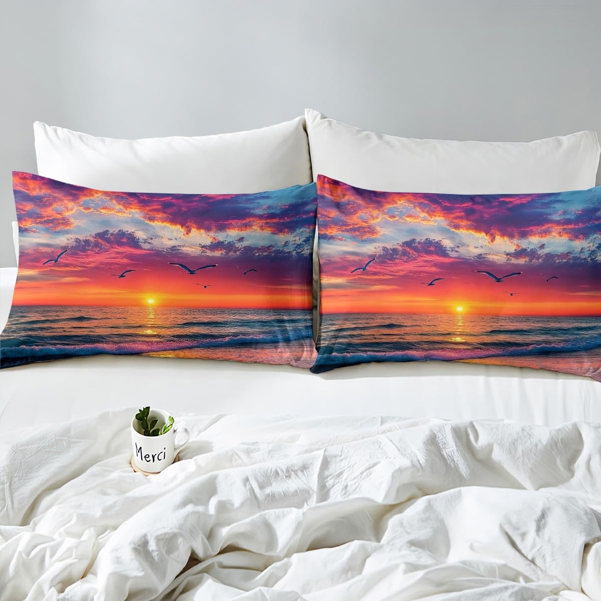 jejeloiu Beach Theme Fitted Sheet Full Size Kids Summer Sea Ocean Sunset Bed Sheets Set for Boys Girls Teens Wave Coastal Seagull Natural Scenery Bedding Set Room Decor