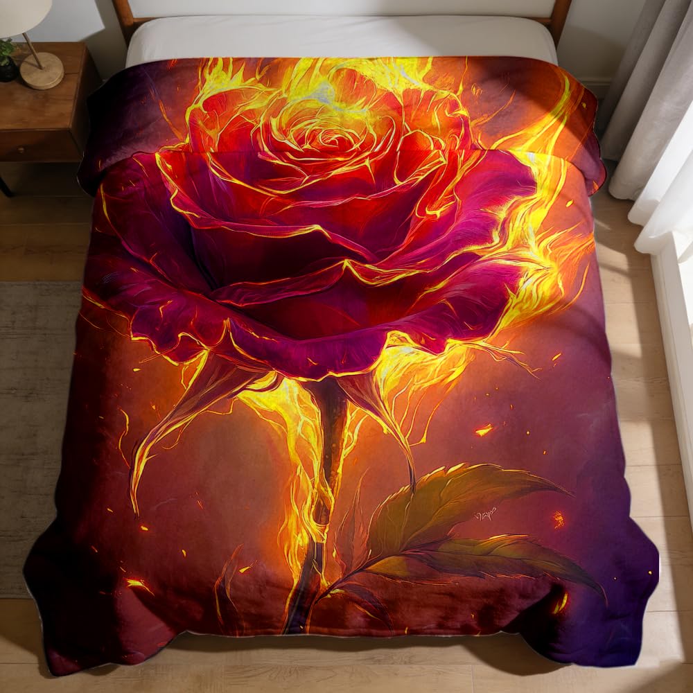 ZHOUSHUTONG Fiery Burning Rose Flannel Throw Blanket, Gothic Floral Fire Flower Print Blanket, Soft Cozy Warm Plush Blankets for Couch Bed Sofa, Gift for Rose Lovers 49"x59"