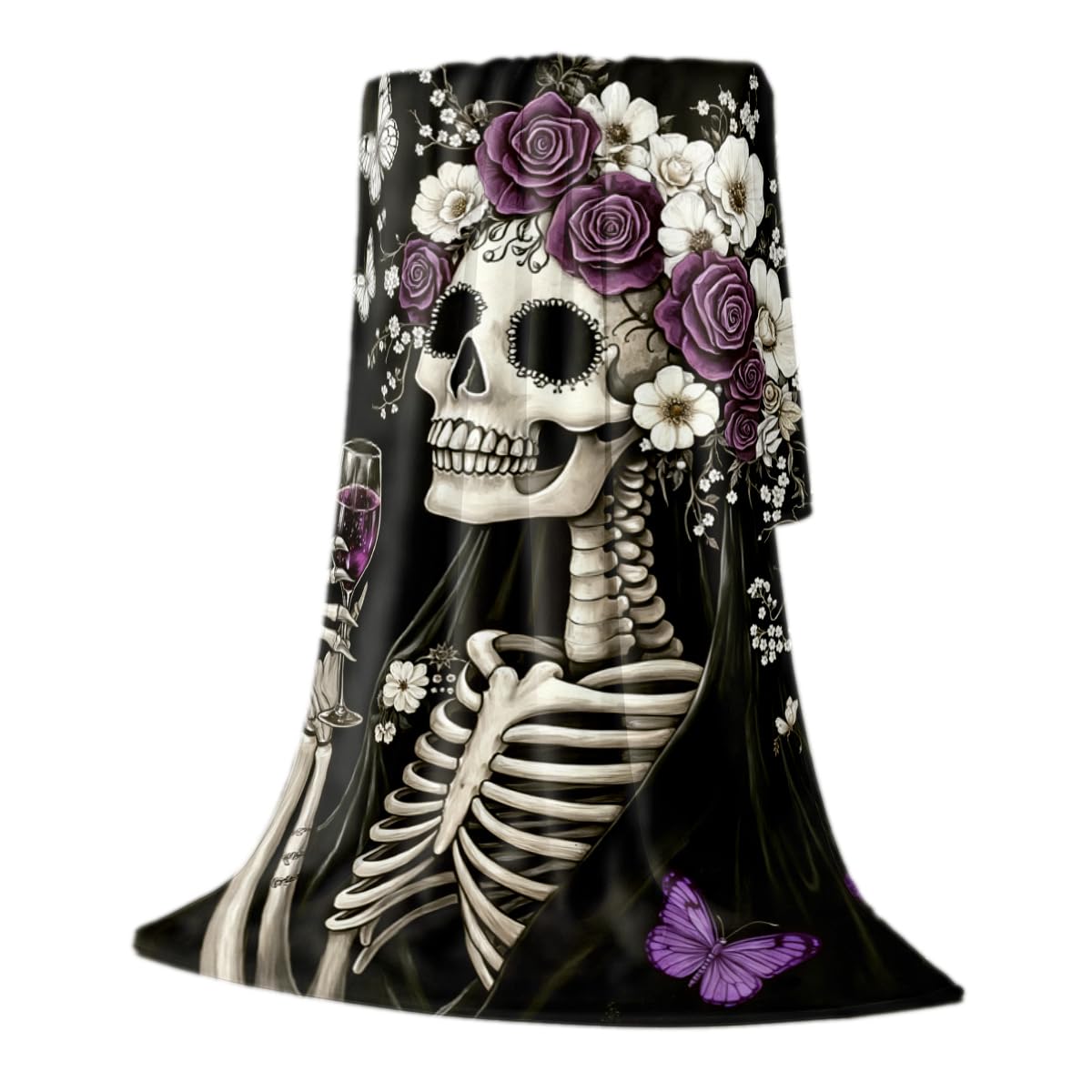 HUNXIAOJ Sugar Skull Blankets and Throws Day of the Dead Blankets Floral Butterfly Skeleton Decor Flannel Gothic Bed Sofa Halloween Home Soft Cozy Mexican Decor Gifts 49"x59"