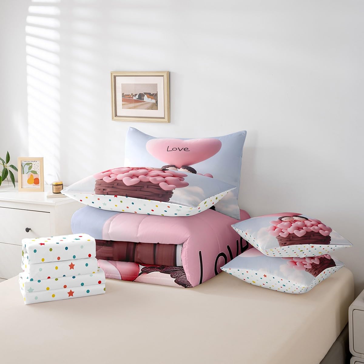 Erosebridal Love Balloon 7 Piece Bedding Set Romantic Valentine's Day Girls Full Comforter Set Cute Couple Doll Bed in A Bag for Teen Adult Women,Pink Hot Air Balloon Bed Set