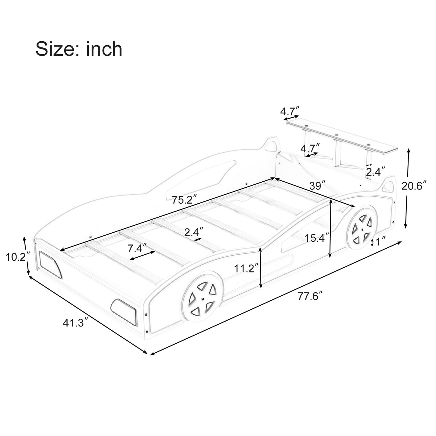 LUMISOL Twin Size Bed Frames for Kids, Race Car-Shaped Platform Bed Frame with Wheels & Guardrails for Boys Girls, No Box Spring Needed, Red+Yellow