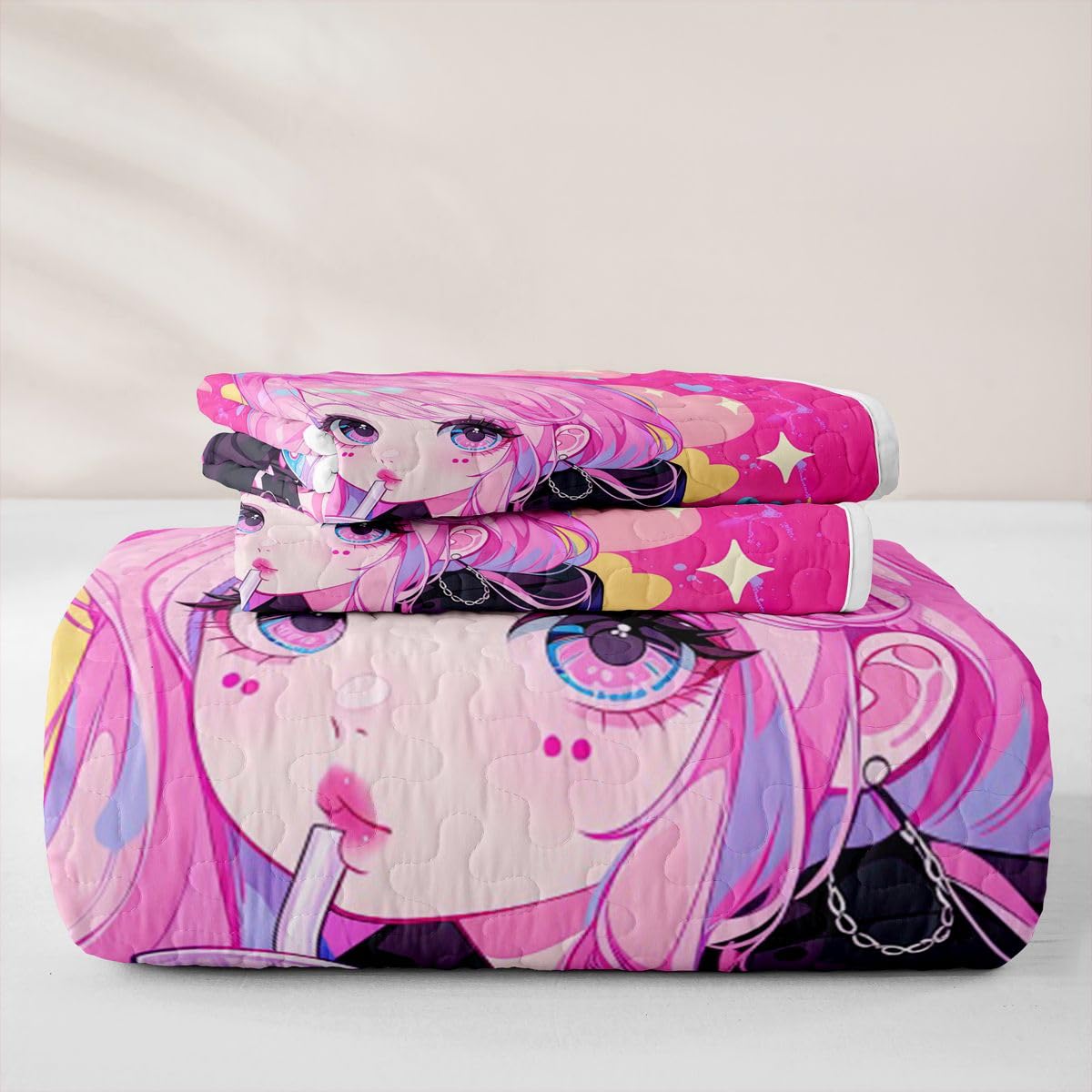 Erosebridal Preppy Girls Quilt Twin Size - Kawaii Japanese Girl Drinking Water Bedspread Coquette Girl with Colorful Curly Hair Bed Coverlet with 1 Pillowcase