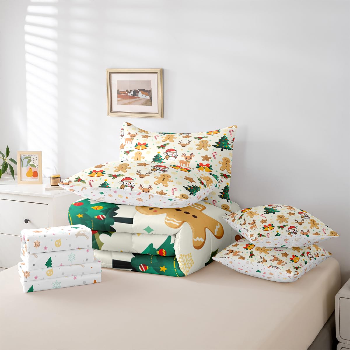 Feelyou Merry Christmas Comforter Set with Sheets 7 Piece Twin Size Gingerbread Man Bed in a Bag Kids Boys Girls Cute Deer Bedding Set Christmas Tree Soft