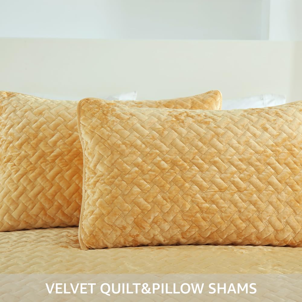 Liians Velvet Bedspread Quilt Bedding Sets,Luxury Elegant Ultra Soft Velvet Comforters Coverlet Blankets,Weave Stitching Pattern Cotton Quilted Bedspread for All Seasons,Yellow,King Size