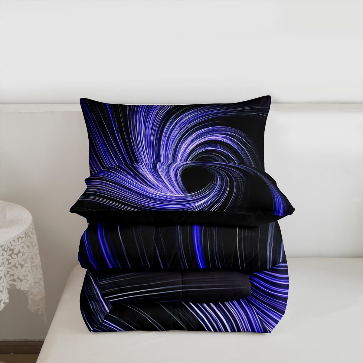 Erosebridal Blue Black Comforter Set King Modern Striped Circle Swirl Bedding Set Black Hole Abstract Geometric Comforter for Kids Boys Girls,Geometric Stripes Line Artwork Quilt Duvet