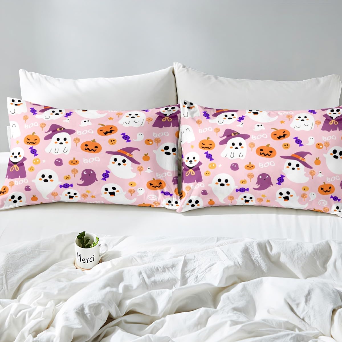 Feelyou Kids Cartoon Halloween Fitted Sheet Cute Ghost Pumpkin Sheets Set for Child Boys Girls Pink Purple Full Size Bedding Set Decoration Kawaii Bed Sheet Set Collection