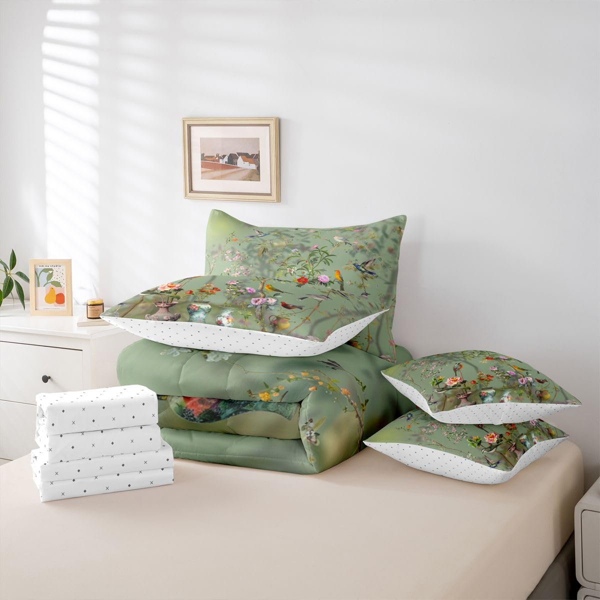 Erosebridal Floral 7 Pcs Bedding Set Queen Retro Chic Leaves Comforter Set with Sheets Vase Porcelain Bed in A Bag Botanical Flowers Bedroom Decor