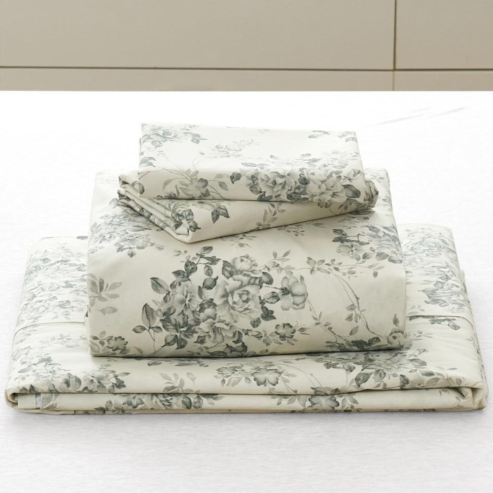 DAUAOTO 100% Cotton Bedding Printed Sheets Set for Full Size Bed Up to 14" Deep Mattress, Toile Rose Floral Pattern Bedlinen Sets, Gray