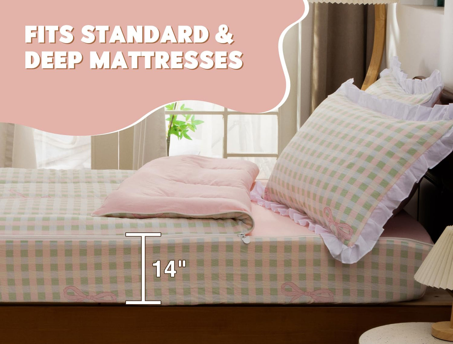 Meeting Story 3pcs Zipper Bedding Twin Kids Pink Bow Checked Plaid Comforter Set for Girls(Pinkgreen,Twin)