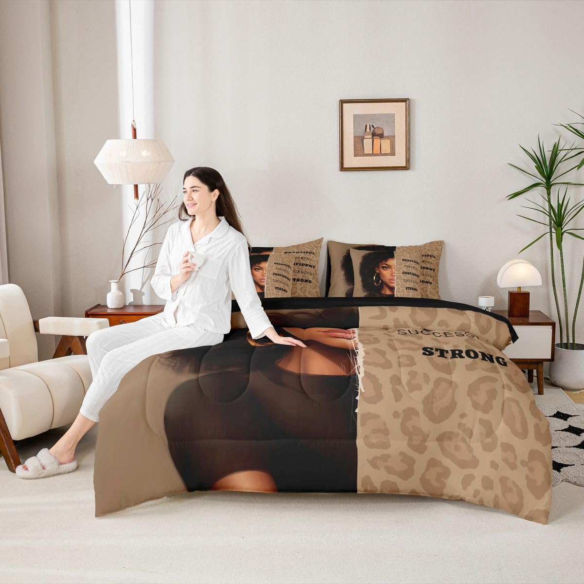 Erosebridal Aesthetic Black Girls Queen Bedding Set Fashion Leopard Print Comforter Set with Flat and Fitted Sheet Modern Cheetah Girl 7-Piece Bed in a Bag Women Empowering Words Art Quilt Sets