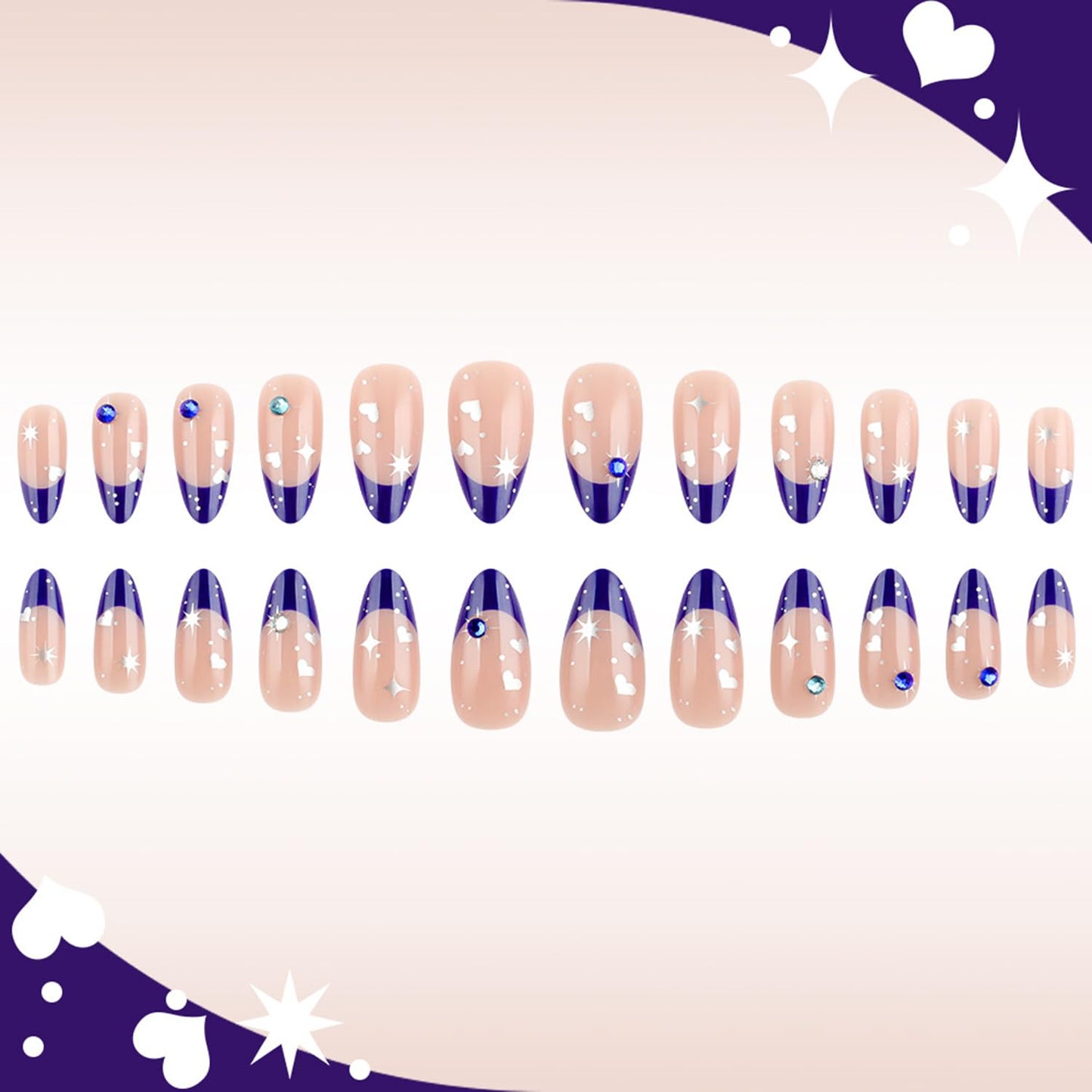 Medium Almond Press on Nails Blue French Tip Fake Nails with Star Rhinestone Designs Glossy Full Cover Stick on False Nail Set for Women 24 Pcs