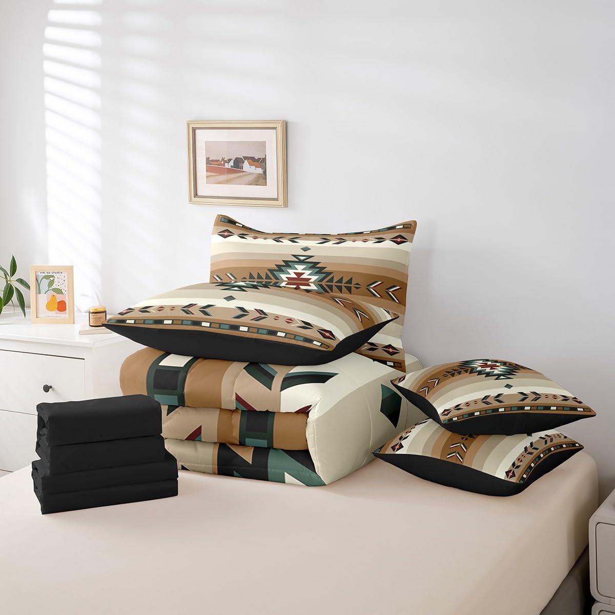 Feelyou Queen Size Southwest Native Design 7 Piece Bedding Set Southwestern Geometric 7 Piece Bedding Set Tribal Bed Set Includes Comforter, Sheet Set, Pillowcases & Pillow Covers Beige