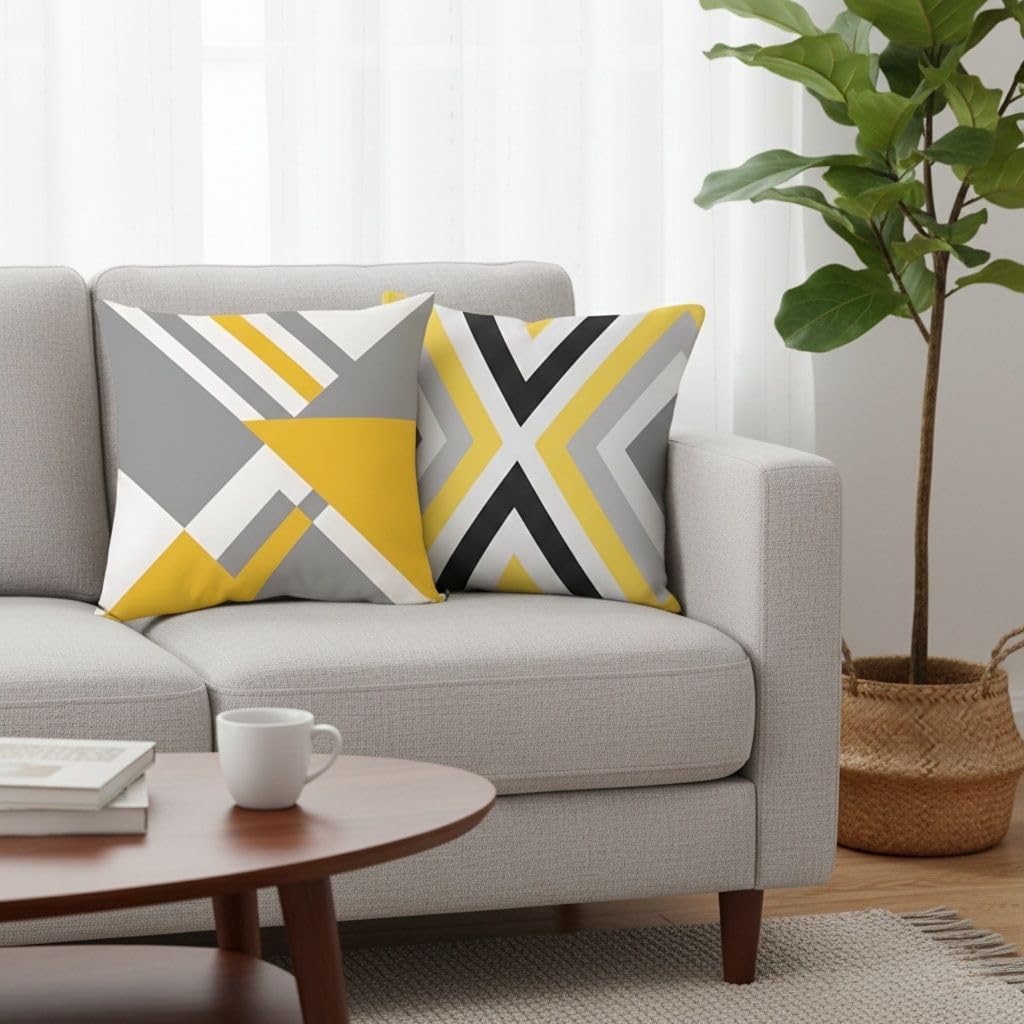 Hopomoon Yellow and Gray Abstract Throw Pillow Covers 18x18 Inch Set of 4,Modern Geometric White Linen Decorative Pillowcases for Couch, Sofa, Living Room, Farmhouse Home Decor