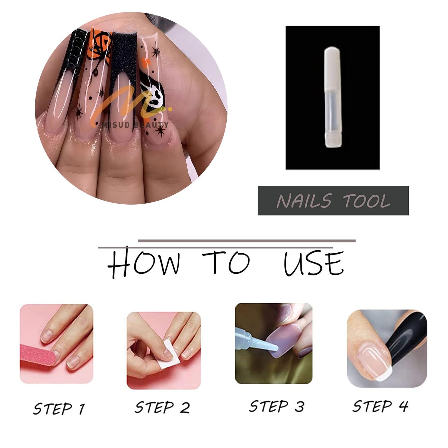 MISUD Press on Nails - Long Coffin Fake Nails with Goth Black, Acrylic Gothic Ghost Design 24 pcs