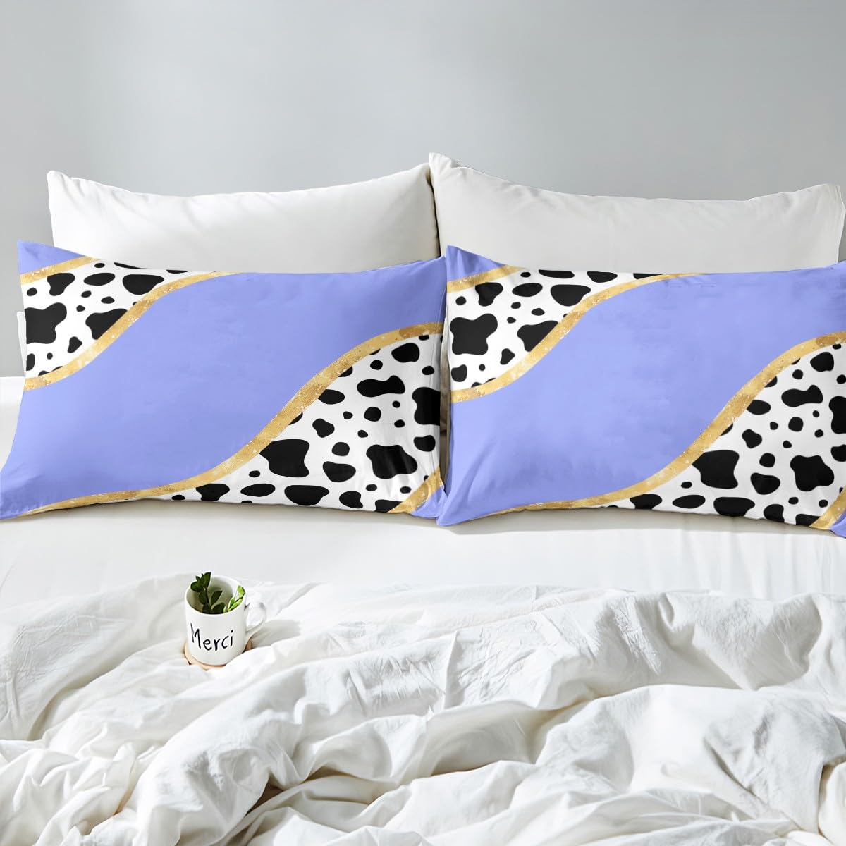 Manfei Cow Print Duvet Cover Set Queen Size, Black White Cow Fur Comforter Cover with 2 Pillowcases, Gold Glitter Bedding Set 3pcs for Kids Girls Teens, Fashion Purple Bedspread Cover,No Comforter