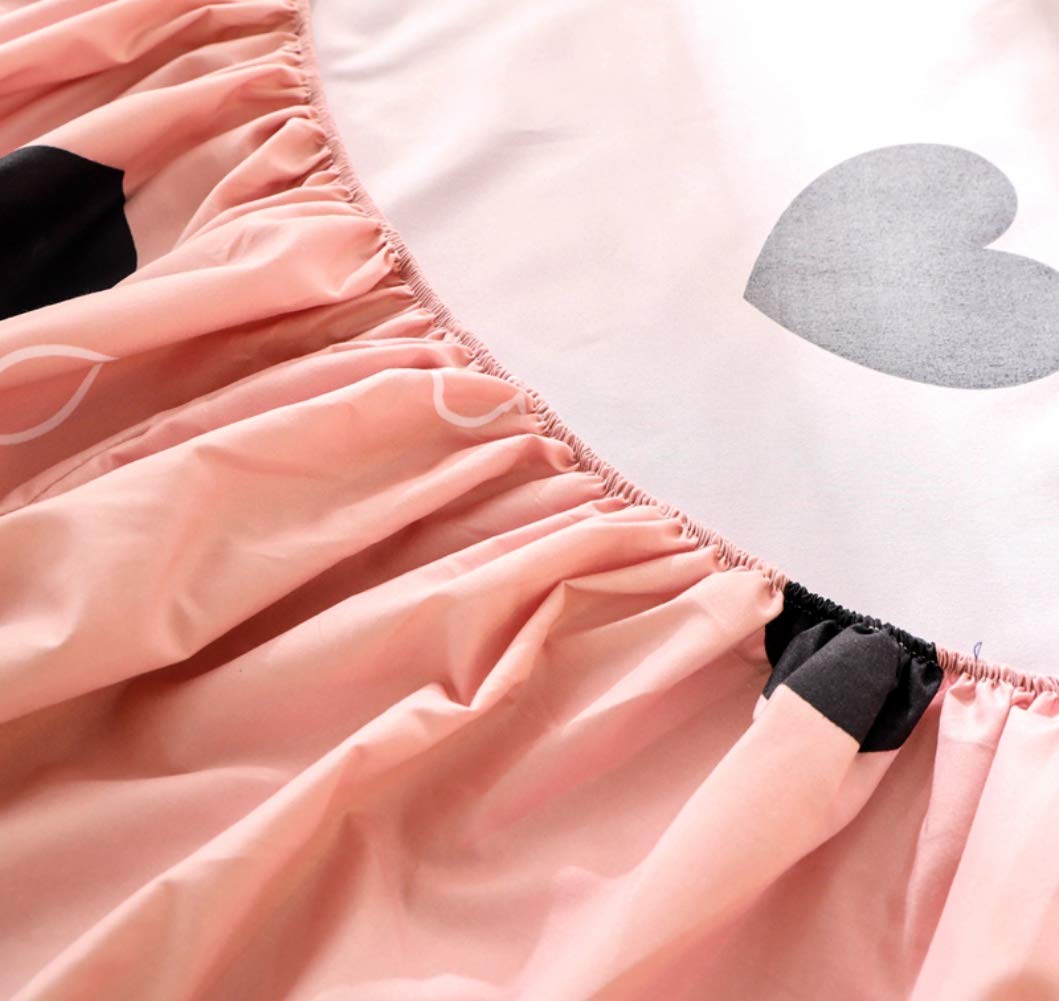 Girls Cute Heart Pattern Fitted Sheet for Kids Twin Size Lovely Pink Black Bedroom Decor Bed Sheet Set Girly Cartoon Love Geometric Bedding Set Children Modern Design Bed Cover with 1 Pillow Case
