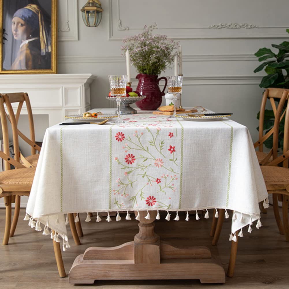 AMZALI Table Cloth Embroidery Floral Pattern Wrinkle Free Heavy Weight Cotton Linen Farmhouse Tablecloth Decorative Fabric Tassel Table Cover for Outdoor and Indoor Use (Square 55 x 55 Inch)
