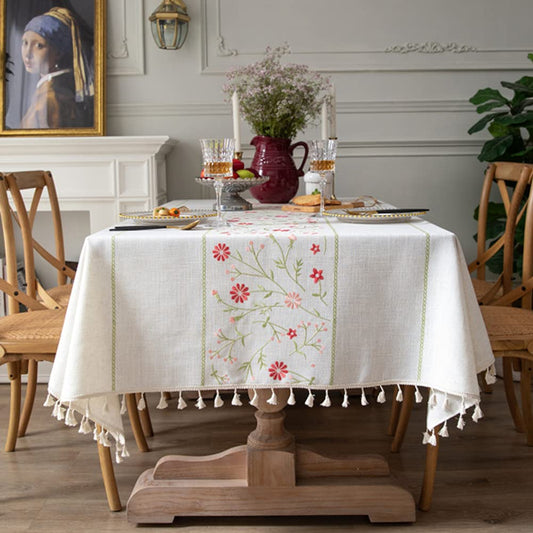 AMZALI Table Cloth Embroidery Floral Pattern Wrinkle Free Heavy Weight Cotton Linen Farmhouse Tablecloth Decorative Fabric Tassel Table Cover for Outdoor and Indoor Use (Square 55 x 55 Inch)