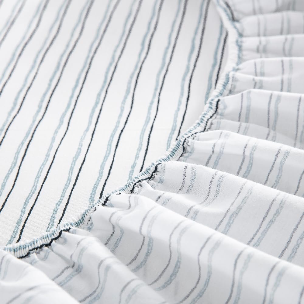 DAUAOTO King Size Cotton Bedding Printed Sheets Set, Up to 14" Deep Mattress, Hand Painted Striped Pattern Bedlinen Sets, Blue Stripe