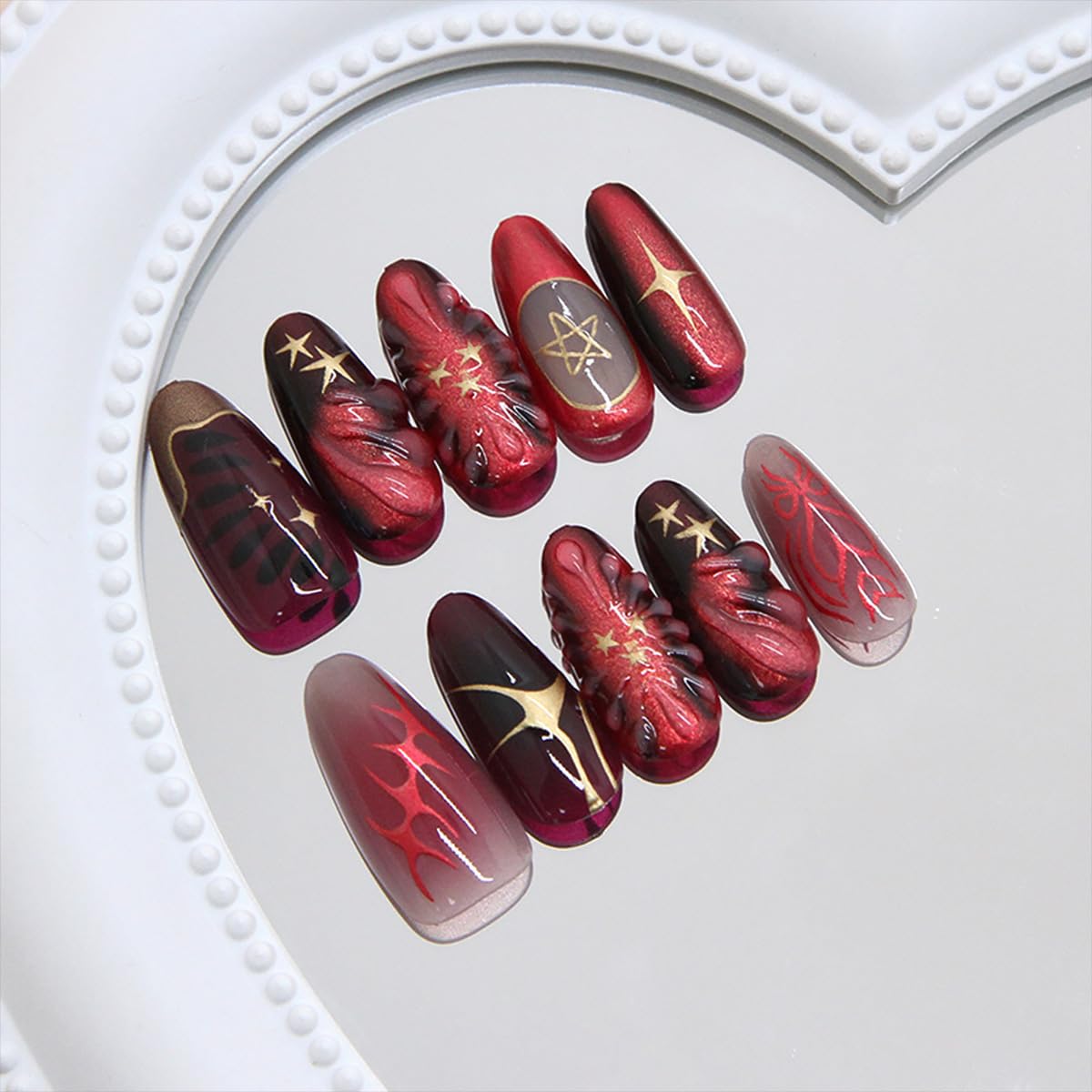24Pcs Red Press on Nails Medium Almond French Tip Fake Nails with 3D Star Bow Gilding Design Gothic False Nails Full Cover Artificial Glue on Nails Goth Handmade Stick on Nails for Women DIY Manicure