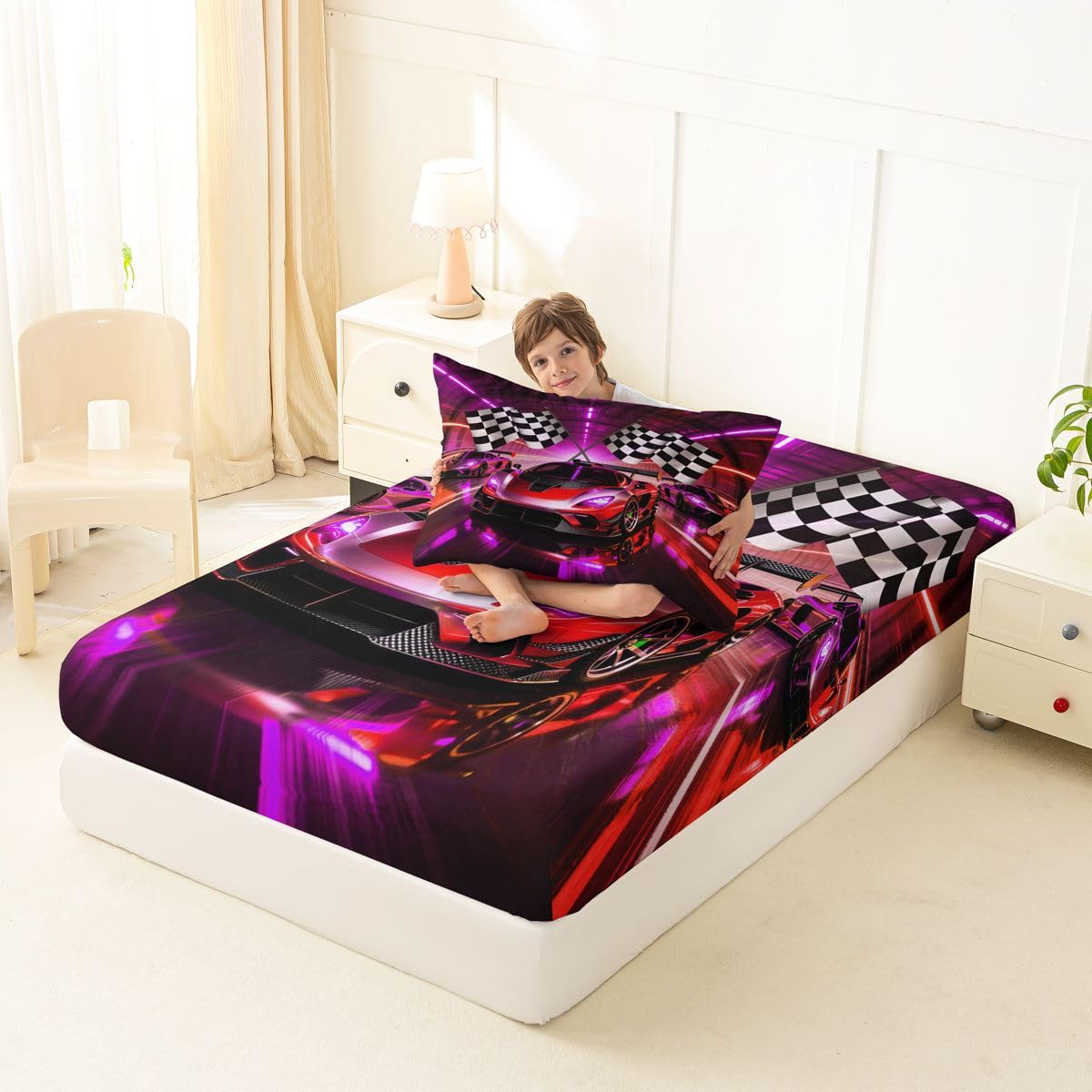 Feelyou Boys Race Car Fitted Sheet with 1 Pillowcase Twin Size Speed Sports Car Bed Sheets Set 16" Deep Pocket Boys Girls Racing Extreme Sports Bedding Teens Bedroom Decor Breathable Soft Lightweight