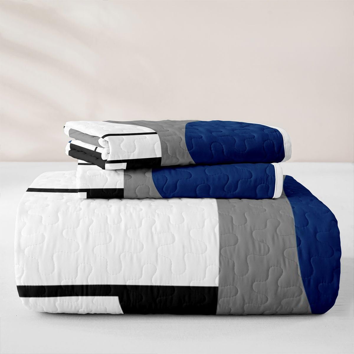 Erosebridal White Black Blue Striped Quilt Set Boho Modern Geometric Abstract Quilt Twin Stripes Lines Quilted Bedspread with 1 PillowcaseMinimalist Square and Circle Coverlet