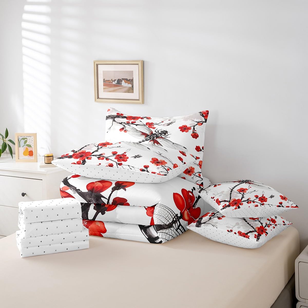 Erosebridal Red Floral Flower Comforter Set Queen,Hippie Dragonfly Bedding Set 7Pcs for Kids Boys Girls,Spring Cherry Blossom Bed in a Bag