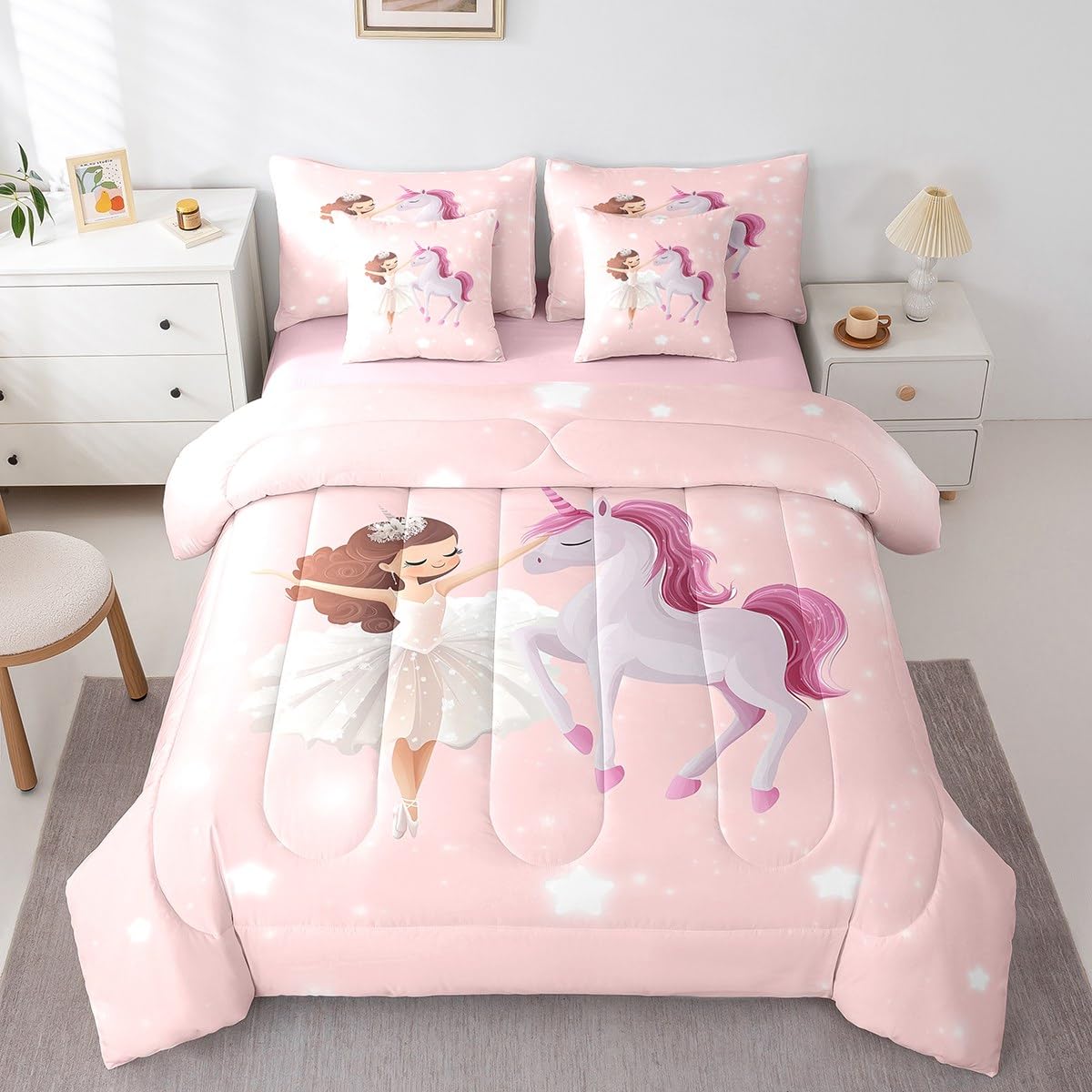 jejeloiu Love Gymnastics Girl Bed Set Dancer 7 Pieces Bedding Set for Kids Unicorn Glitter Bed in a Bag with Comforter, Sheets, Pillowcases Ultra Soft Lamp All Season Breathable Lightweight Twin Size