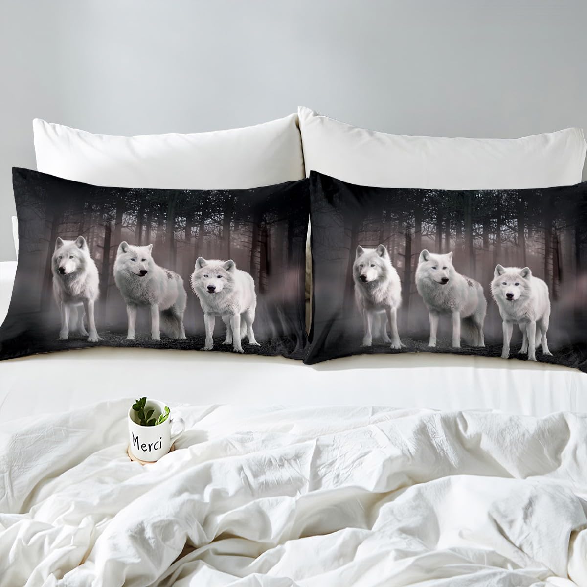 Feelyou Wolf Bed Sheets Safari Animal Pattern Sheet Set for Kids Boys Girls White Wolf Family Bed Set Cool Wildlife Style Decor Sheets with 1 Pillowcase 3Pcs Bedding Twin