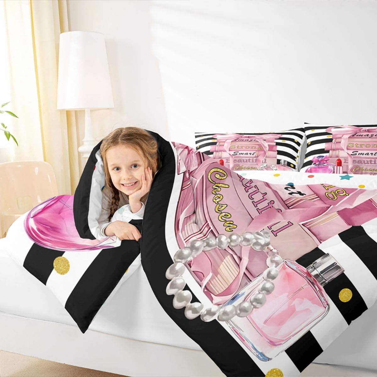 Erosebridal Pink Cute King Bedding Set Girly Fashion Bow Comforter Set for Girls Teens Kids Women Modern Black and White Stripe Quilt Positive Quotes Books Pearl Perfume Bed Sets