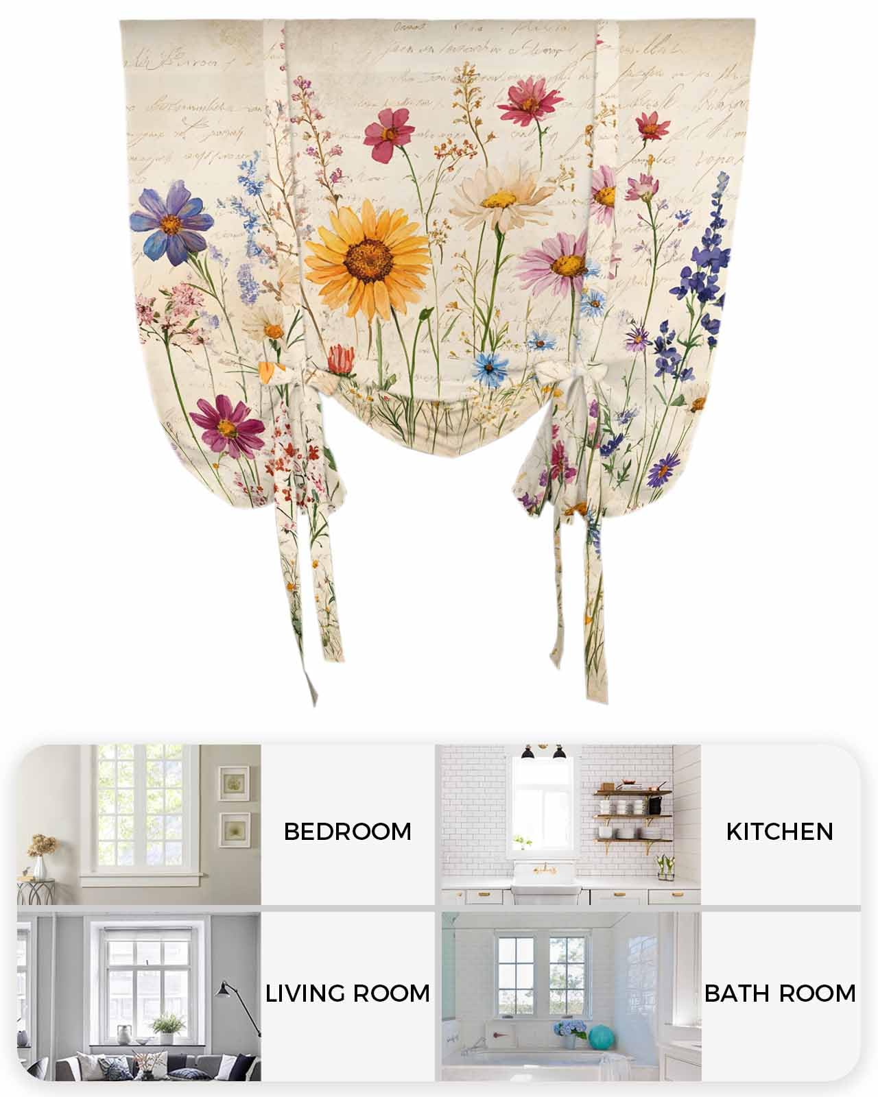 Botanical Floral Tie Up Curtains for Small Windows, Adjustable Rod Pocket Purple Pink Yellow Wildflowers Valance 45 Inch Short for Bathroom Kitchen, Retro Spring Balloon Roman Blind Shade, 34" x 45"