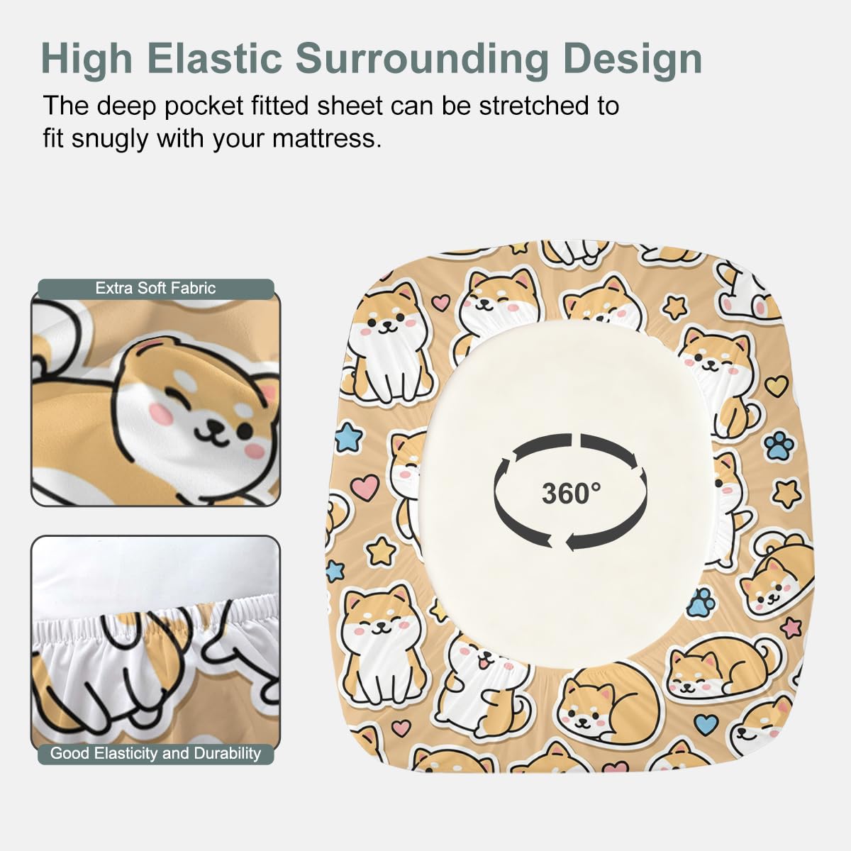 ARIGHTEX Cute Shiba Inu Fitted Sheet Set Twin Size, 3 Pieces Kawaii Dog Bedding for Pet Lover Gift, Cartoon Shiba Puppy Microfiber Deep Pocket Bed Sheets with 2 Pillowcases (No Flat Sheet)