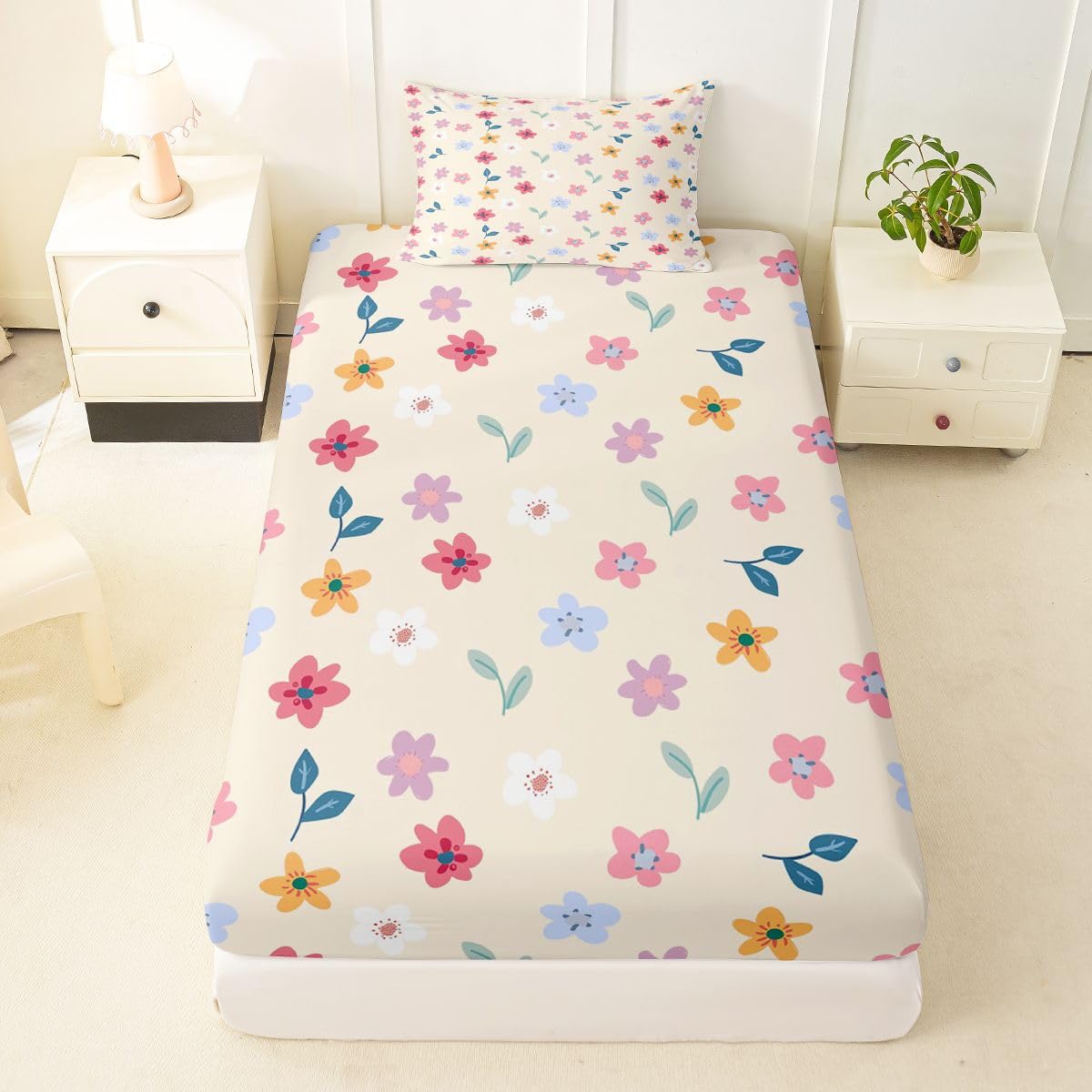 Erosebridal Cartoon Floral Bed Sheets Set Twin Boho Floral Leaves Sheet Set Farmhouse Flowers Plant Sheets Rainbow Wildflower Flat Fitted Sheet
