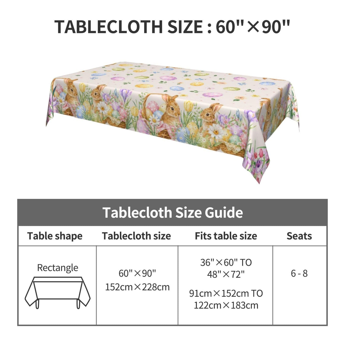 mutakin Easter Eggs Tablecloth Bunny Egg Rectangle Table Cloth Washable Table Cover Waterproof for Decoration Kitchen Dining Room 60x90 Inch